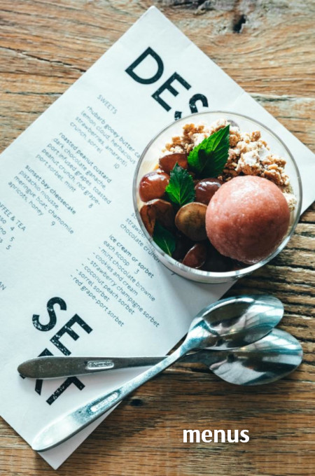 menu, spoons, bowl of food